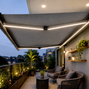 18′ x 10′ Size Full Cassette Retractable Awning with LED Strips light for balcony(5.5x3mtr) fabric polyster