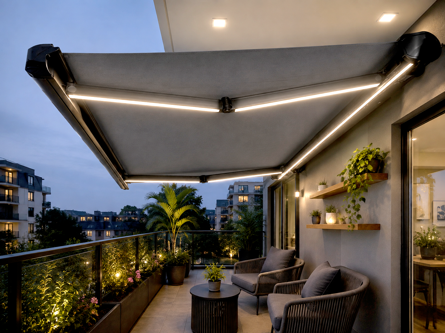 18′ x 10′ Size Full Cassette Retractable Awning with LED Strips light for balcony(5.5x3mtr) fabric polyster