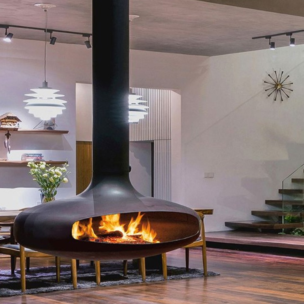 suspended hanging fireplace